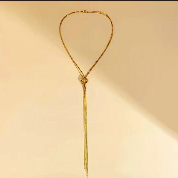 Gold Plated Y Lariat Knot Minimalist Tassel Necklace - Picture 3 of 5